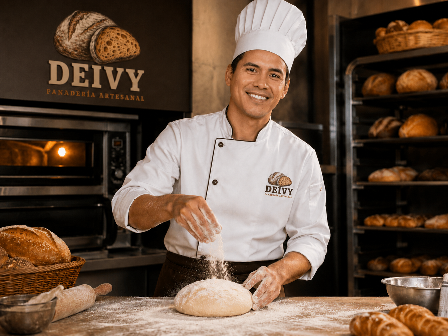 Chef Deivy preparando masa en la panadería